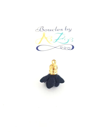 Pompon fleur bleu marine, embout doré 18mm