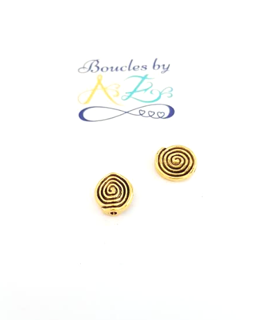 Perle ronde plate dorée, motif spirale 12mm.